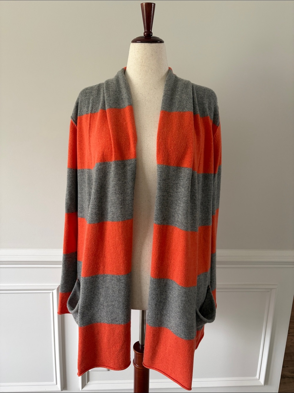 Pure Amici 100% cashmere open front cardigan | orange and gray stripes
